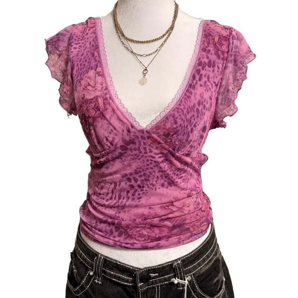Y2K Pink Floral Animal Print Mesh Flutter Sleeve V Neck Top Size S Gyaru Fairy